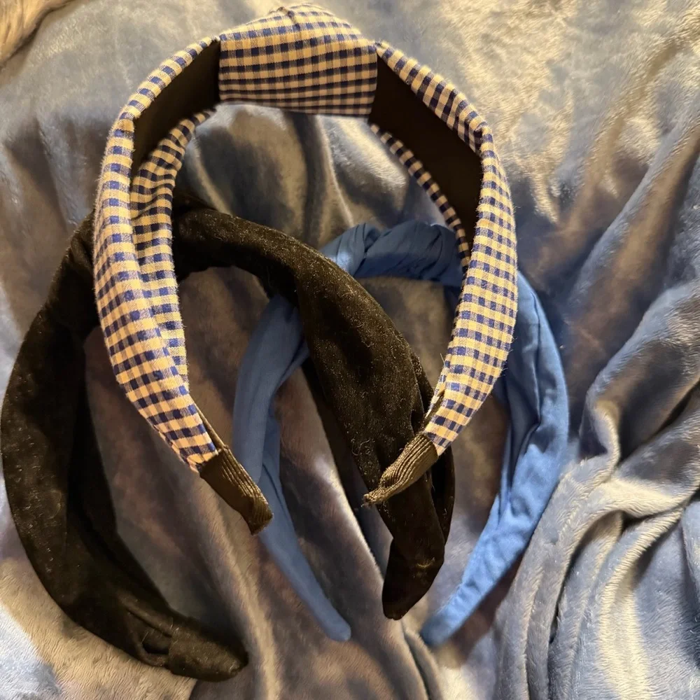 Set of 3 Padded Headbands Blue Gingham Black Velvet & Solid Blue Wide  Headbands
